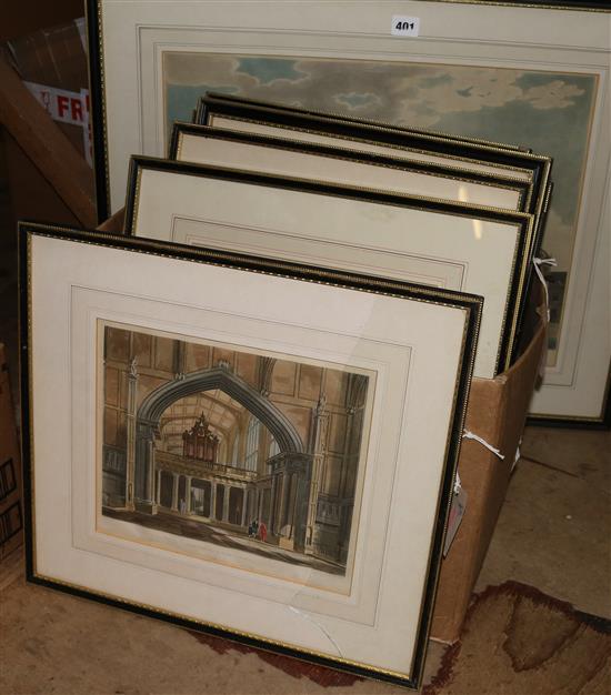 Coloured engraving, Kings College, Cambridge and 8 other architectural prints (9, framed)